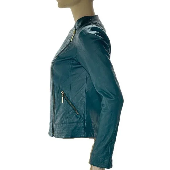 Iman Teal Leather Asymmetrical Moto Jacket XS Zipper Pockets Womens Size Small - Picture 8 of 13